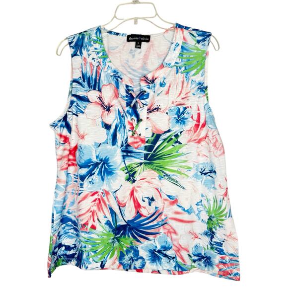 Thomas & Olivia Wms L Blue Pink White Tropical Floral Sleeveless Lace-up Top - Picture 7 of 7